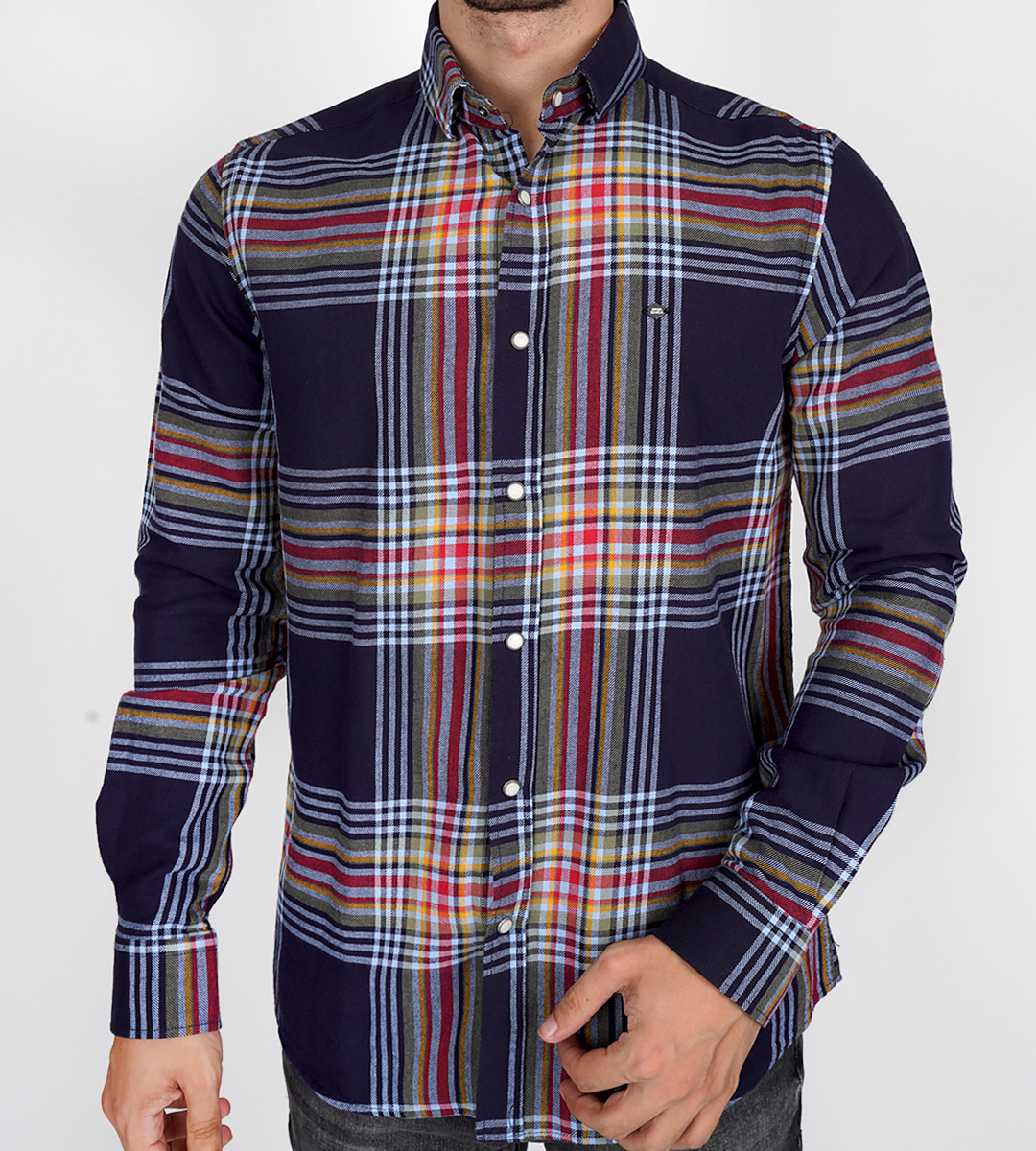 Slim Fit Uzun kol Pamuk Ekose Desenli Britli Yaka Spor Erkek Gömlek 