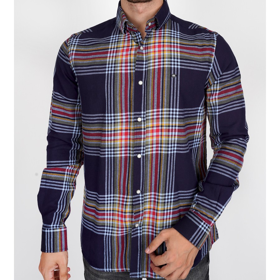 Slim Fit Uzun kol Pamuk Ekose Desenli Britli Yaka Spor Erkek Gömlek 
