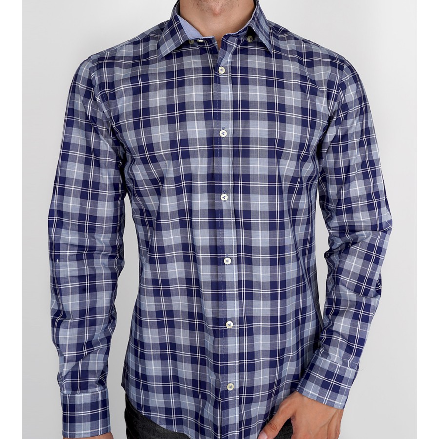 Slim Fit Uzun Kol Pamuk Ekose Desenli Spor Erkek Gömlek