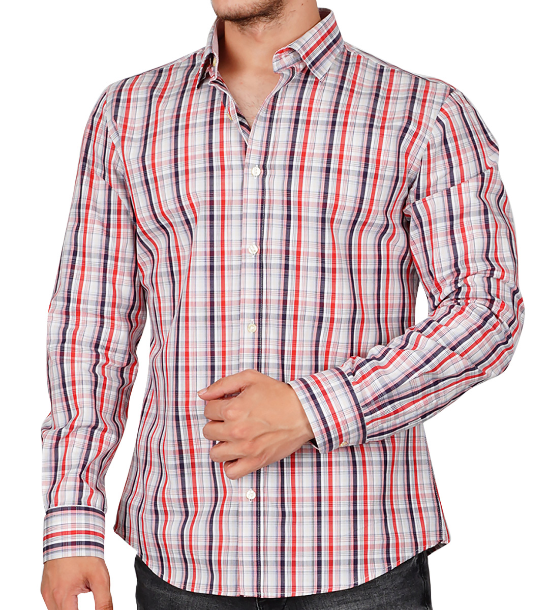 Red Slim Fit  Uzun Kol Pamuk Ekoseli Spor Erkek Gömlek