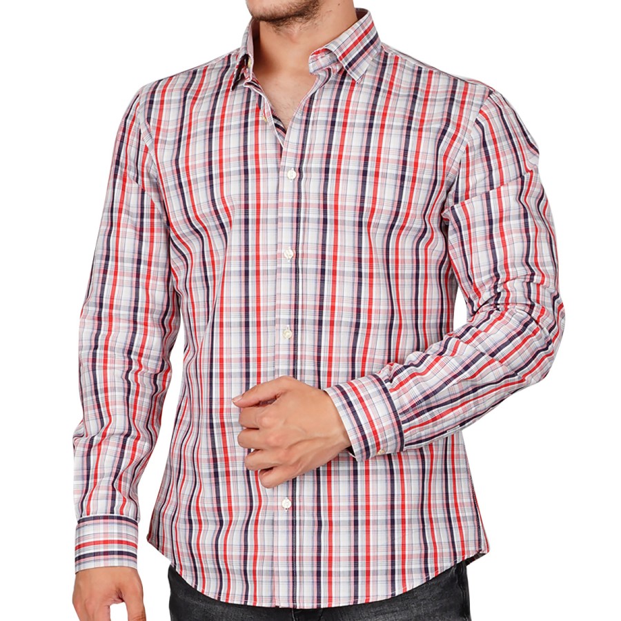 Red Slim Fit  Uzun Kol Pamuk Ekoseli Spor Erkek Gömlek