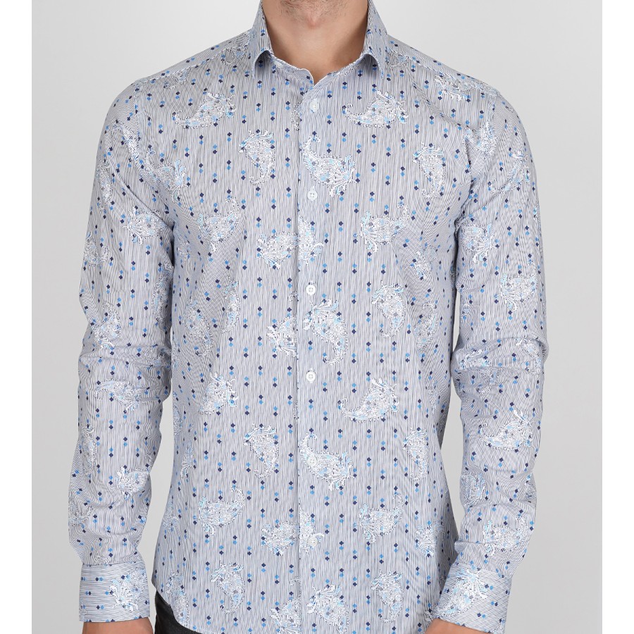 Slim  Fit Uzun Kol Pamuk Dijital Baskılı Polo Yaka Spor Erkek Gömlek