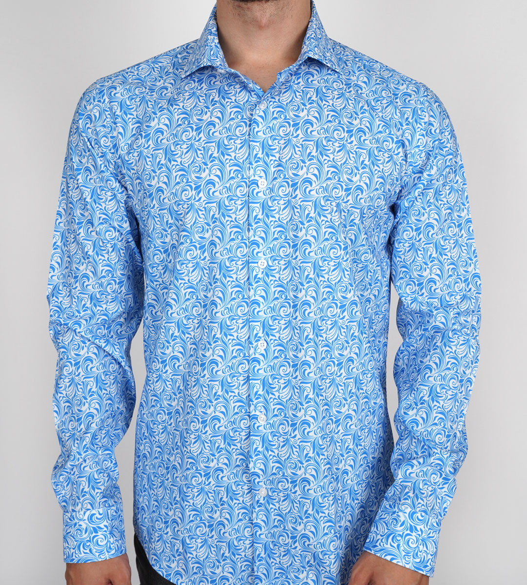 Slim  Fit Uzun Kol Pamuk Dijital Baskılı İtalyan Yaka Spor Erkek Gömlek
