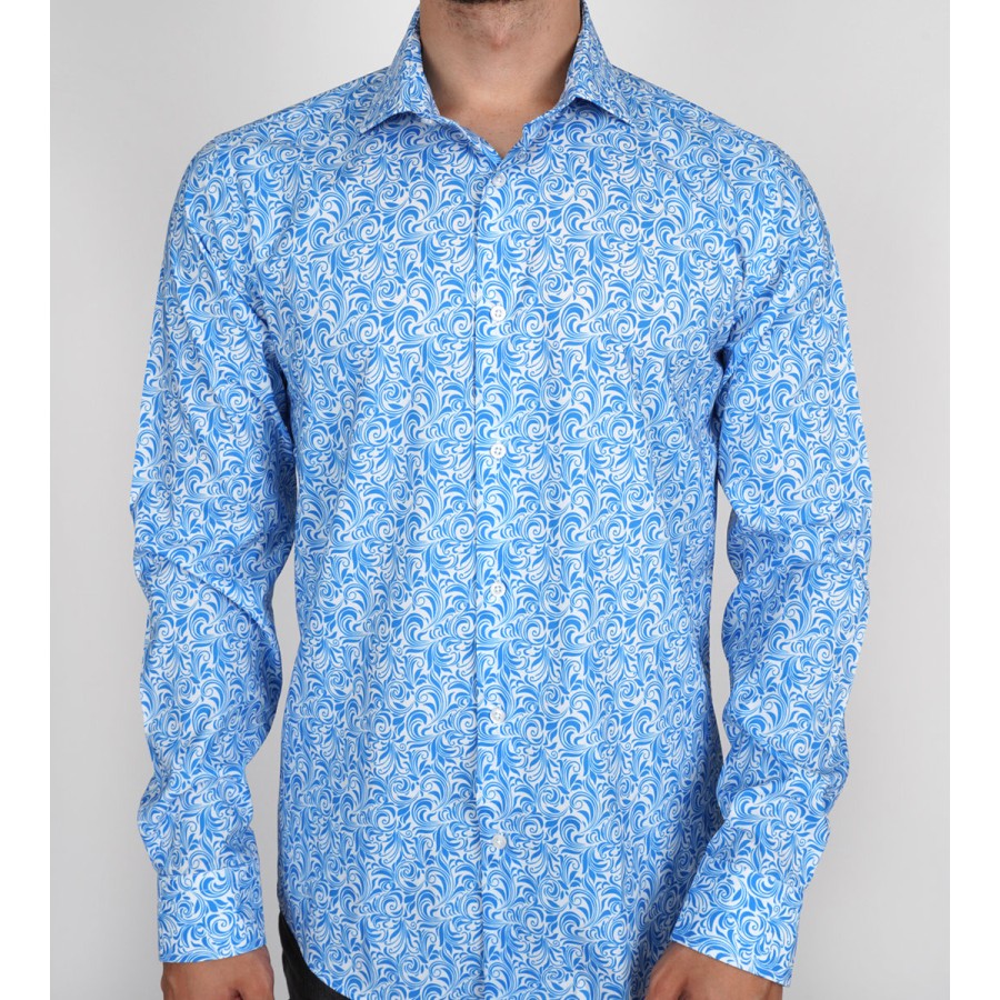 Slim  Fit Uzun Kol Pamuk Dijital Baskılı İtalyan Yaka Spor Erkek Gömlek