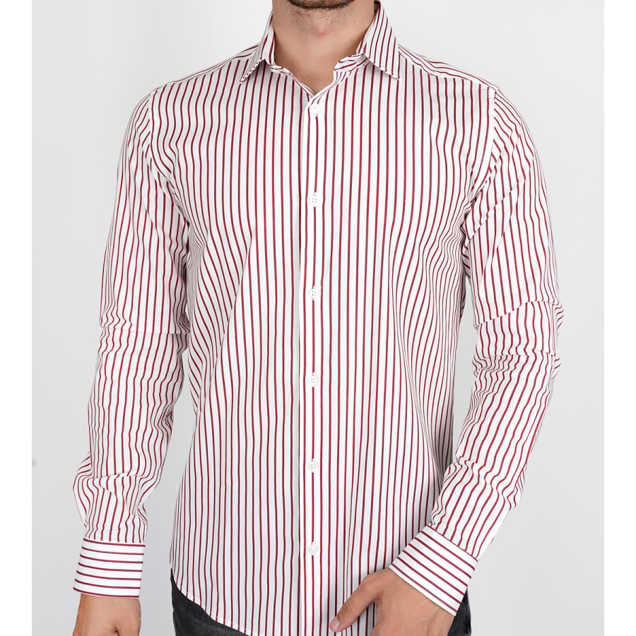 Slim Fit Uzun Kol Pamuk Çizgili İtalyan Spor Erkek Gömlek