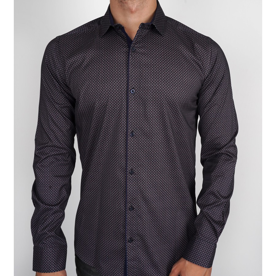 Slim  Fit Uzun Kol Pamuk Dijital Baskılı Polo Yaka Spor Erkek Gömlek