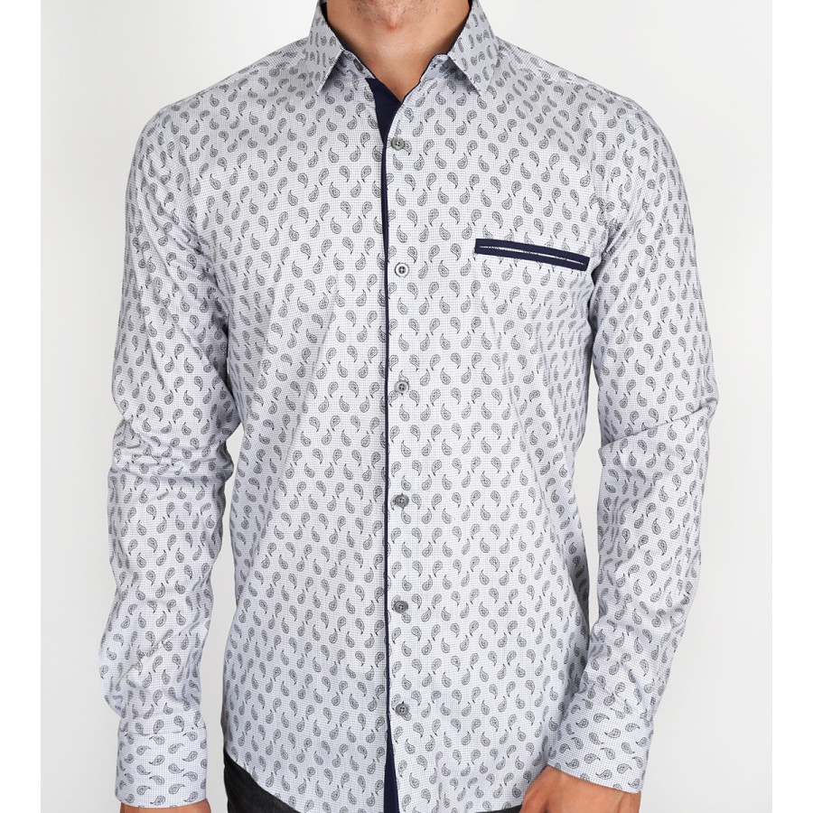 Slim  Fit Uzun Kol Pamuk  Dijital Baskılı Polo Yaka Spor Erkek Gömlek