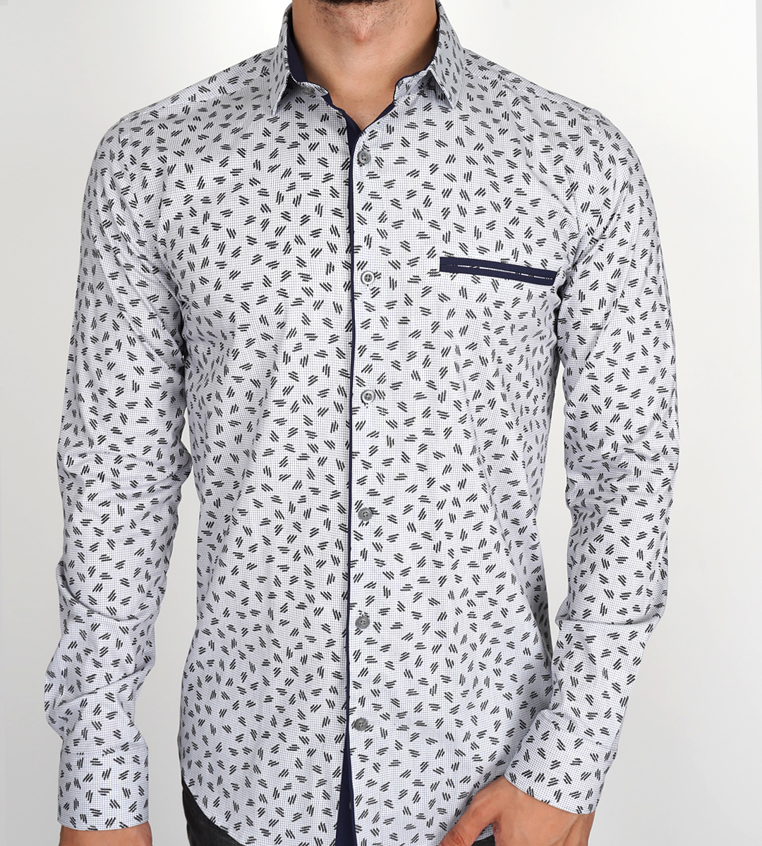 Slim Fit Uzun Kol Pamuk Dijital Baskılı Polo Yaka Spor Erkek Gömlek
