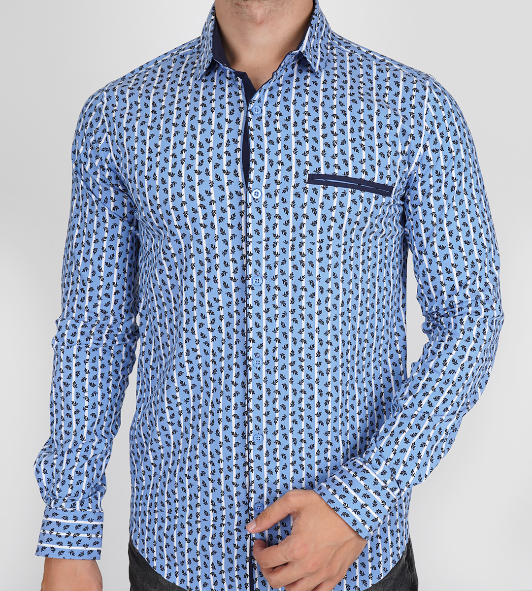 Slim Fit Uzun Kol Pamuk Dijital Baskılı Polo Yaka Spor Erkek Gömlek