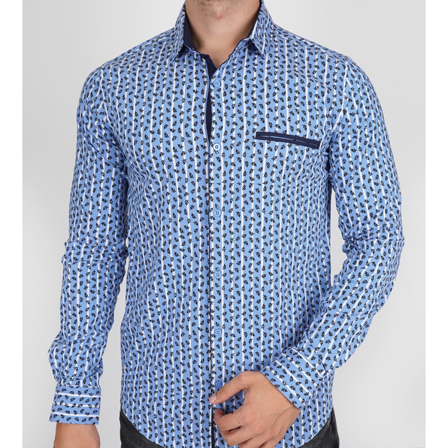 Slim Fit Uzun Kol Pamuk Dijital Baskılı Polo Yaka Spor Erkek Gömlek