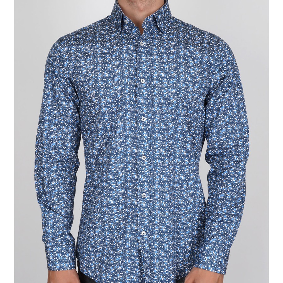 Slim  Fit Uzun Kol Pamuk Dijital Baskılı Britli Yaka Spor Erkek Gömlek
