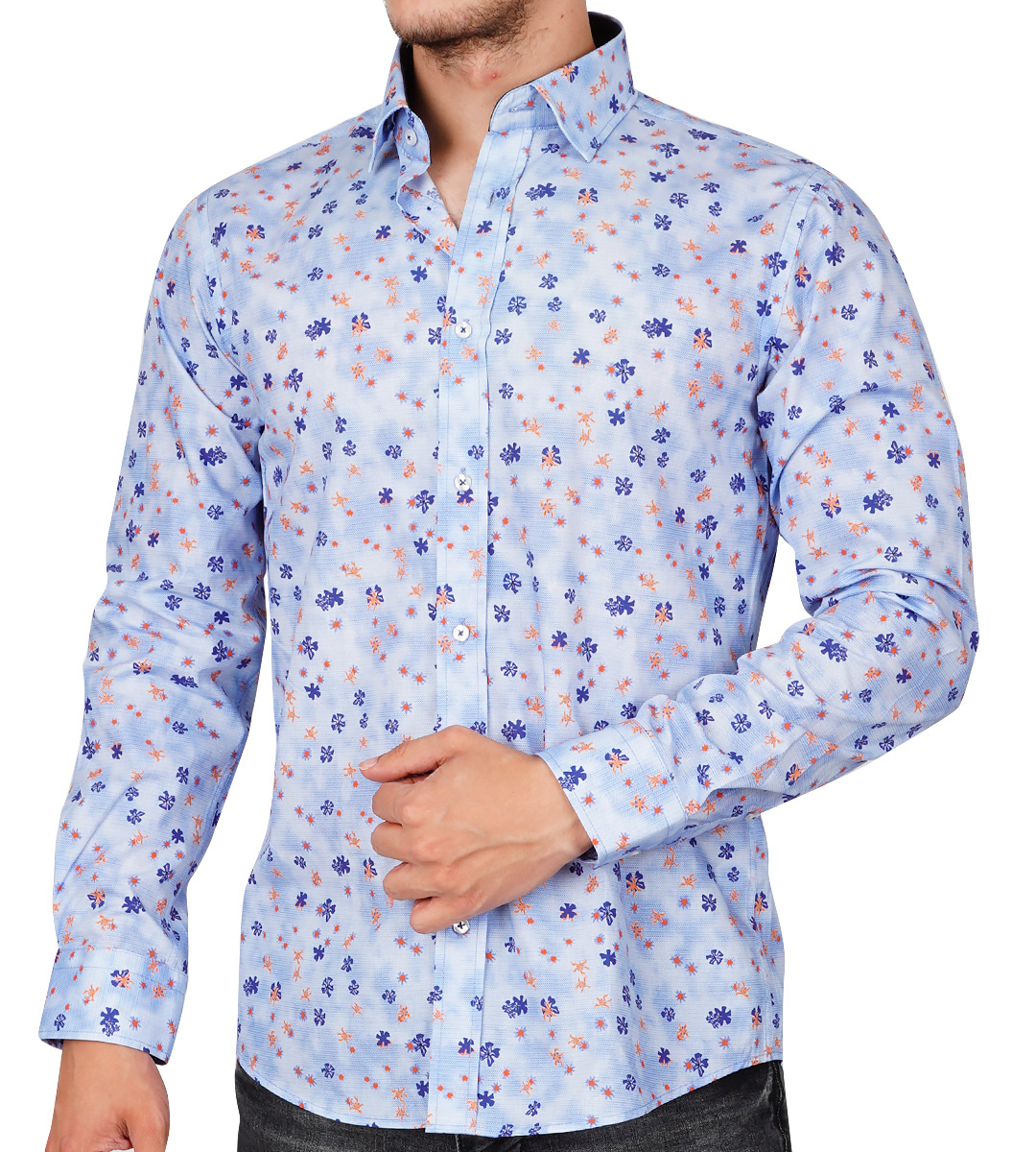 Turkuaz Slim Fit  Uzun Kol Pamuk Dijital Spor Erkek Gömlek