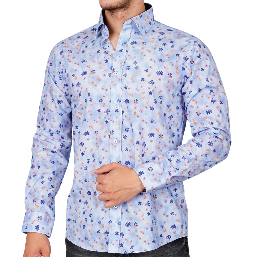 Turkuaz Slim Fit  Uzun Kol Pamuk Dijital Spor Erkek Gömlek