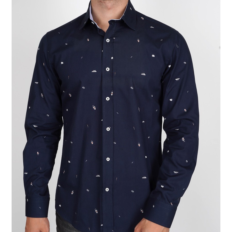 Slim  Fit Uzun Kol Pamuk Dijital Baskılı Spor Erkek Gömlek