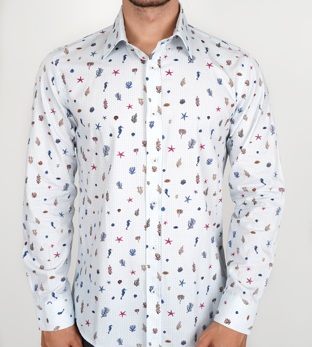Slim Fit Uzun Kol Pamuk Dijital Baskı Düğmeli Yaka Spor Erkek Gömlek