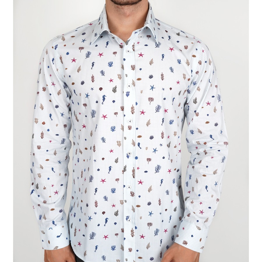 Slim Fit Uzun Kol Pamuk Dijital Baskı Düğmeli Yaka Spor Erkek Gömlek