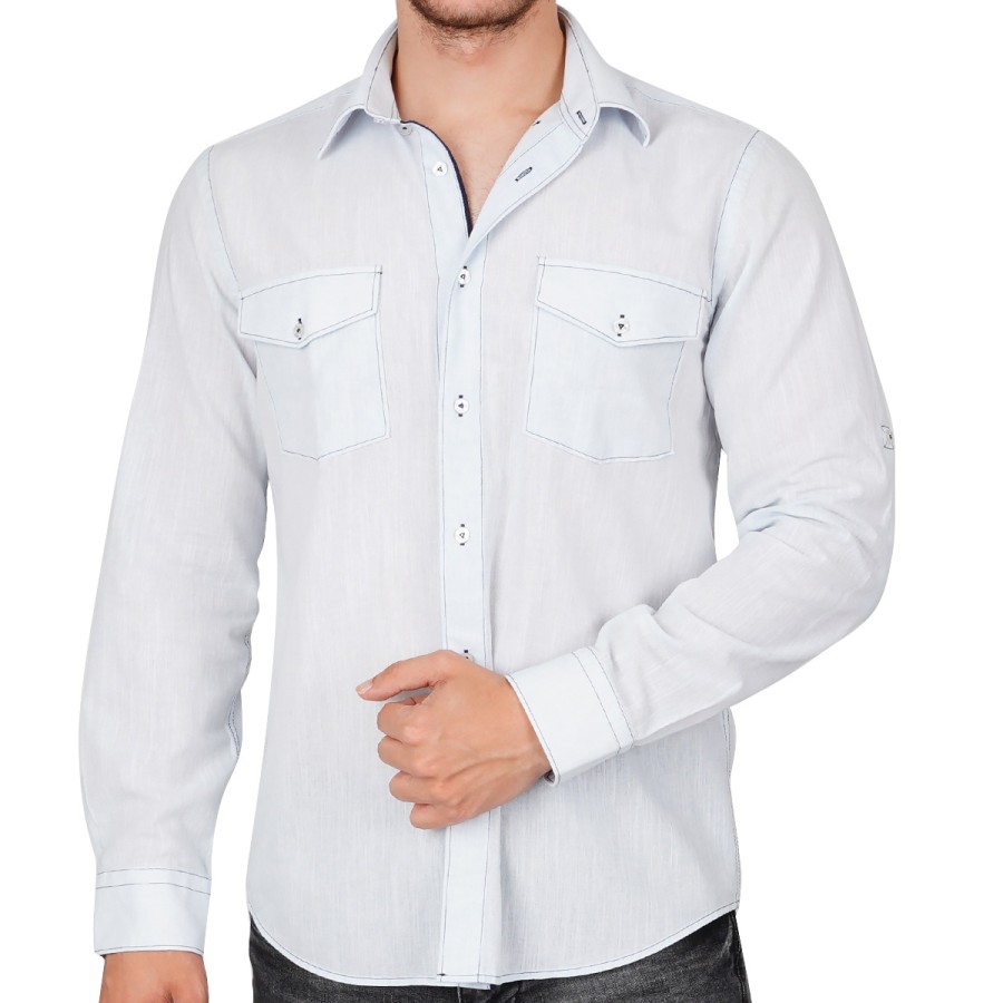 Oviedo Slim Fit Uzun Kol Çift Cep Kapaklı  Keten Spor Erkek Gömlek